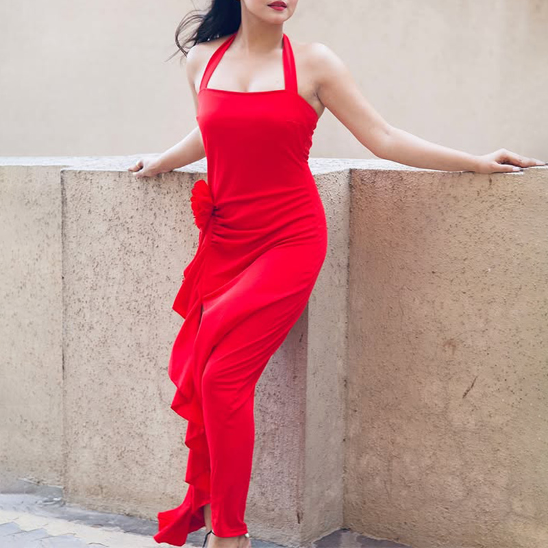 Long Ruffles Side Slit Prom Dresses Sexy Back Evening Gowns